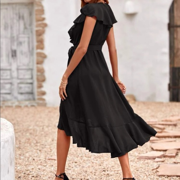 Boho burgundy butterfly sleeve blue ruffle hem belted wrap dress - Picture 14 of 16